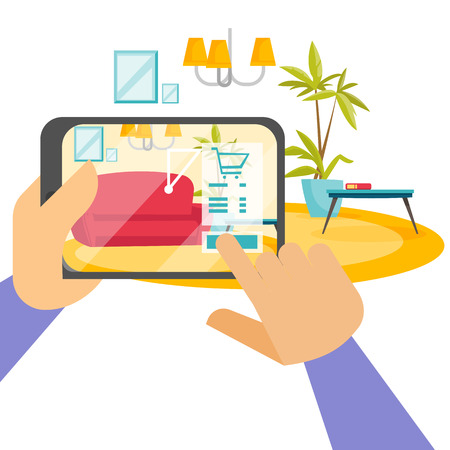 Human hands holding tablet with augmented reality application that lets place virtual furniture to real home before buying. Vector cartoon illustration isolated on white background. Square layout.のイラスト素材