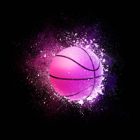 Basketball Ball flying in violet particles isolated on black background. Sport competition concept for basketball tournament poster, placard, card or banner.の写真素材