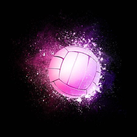 Volleyball Ball flying in violet particles isolated on black background. Sport competition concept for volleyball tournament poster, placard, card or banner.の写真素材