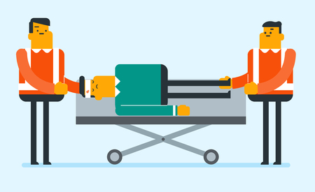 Caucasian white emergency doctors transporting victim after accident on the stretcher. Team of paramedics carrying an injured man on medical stretcher. Vector cartoon illustration. Horizontal layout.のイラスト素材