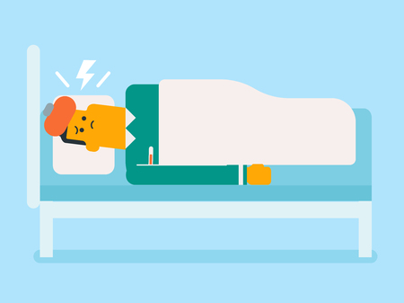 Sick Caucasain man with fever laying in bed and measuring temperature with a thermometer vector illustrationのイラスト素材