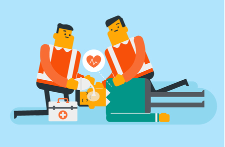 Caucasian white paramedics doing cardiopulmonary resuscitation of a man. Team of emergency doctors during process of resuscitation of unconscious person. Vector cartoon illustration. Horizontal layoutのイラスト素材