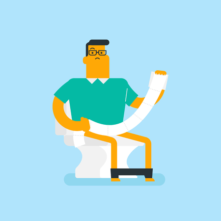 Caucasian white man sitting on the toilet bowl and suffering from constipation. Man holding toilet paper roll and suffering from diarrhea. Vector cartoon illustration. Square layout.のイラスト素材