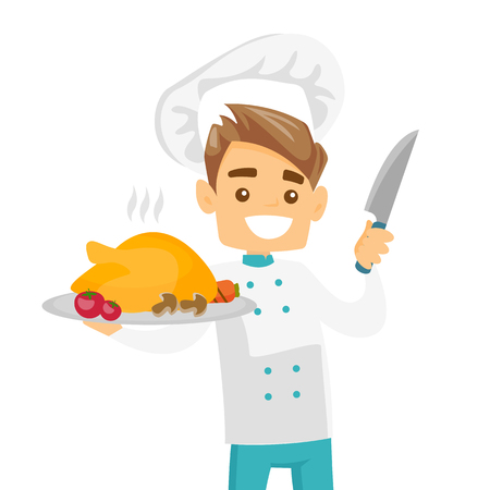 Young Caucasian white smiling chief cook in uniform and hat holding knife and plate with whole roasted chicken.のイラスト素材