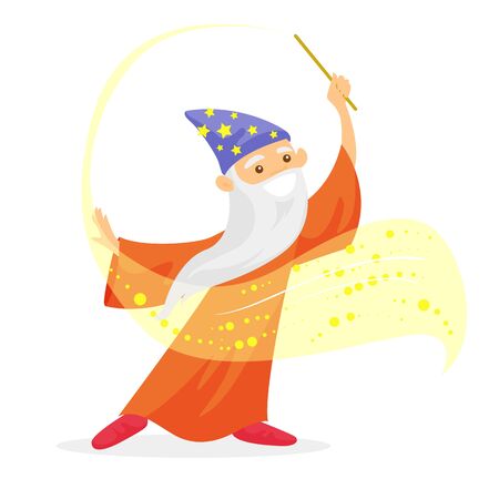 Old caucasian white magician in a hat and a long cape waving magic wand. Wizard with long white beard holding a magic wand. Vector cartoon illustration isolated on white background. Square layout.のイラスト素材