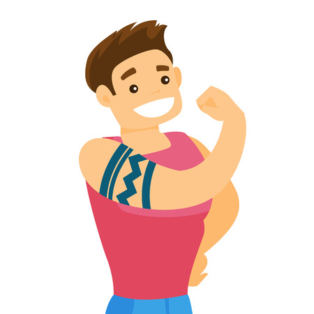 Young Caucasian white bodybuilder sportsman with a tattoo showing biceps.のイラスト素材
