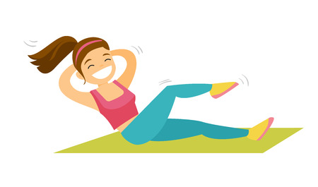 Young Caucasian white woman doing crunches on a gym mat.のイラスト素材