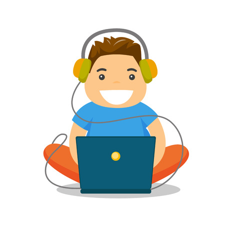 Young Caucasian white fat boy in headphones playing video games on laptop. Obese teenage boy surfing on internet on computer.のイラスト素材
