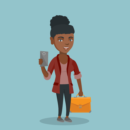 Young african business woman holding a mobile phone. Full length of business woman making selfie with a mobile phone. Business woman using a mobile phone. Vector cartoon illustration. Square layout.のイラスト素材