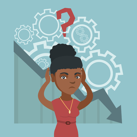 Young african bankrupt woman clutching head on the background of chart going down. Bankrupt woman with question above head. Concept of business bankruptcy. Vector cartoon illustration. Square layoutのイラスト素材