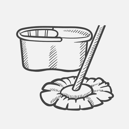 Vector hand drawn Bucket and mop outline doodle icon. Bucket and mop sketch illustration for print, web, mobile and infographics isolated on white background.のイラスト素材