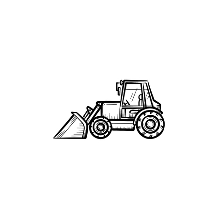 Buldozer with moving backhoe hand drawn outline doodle icon. Buldozer vector sketch illustration for print, web, mobile isolated on white background. Construction industry and machinery concept.のイラスト素材