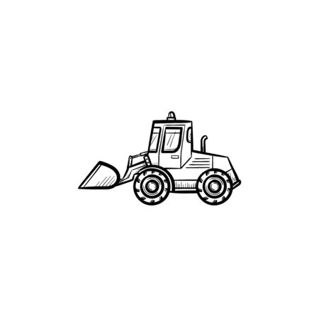 Buldozer with moving backhoe hand drawn outline doodle icon. Excavator vector sketch illustration for print, web, mobile isolated on white background. Construction industry and machinery concept.のイラスト素材