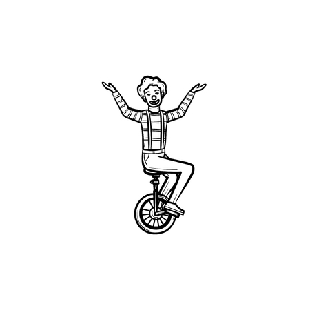 Clown riding a one wheel bicycle hand drawn outline doodle icon. Circus artist on one wheel bike vector sketch illustration for print, web, mobile and infographics isolated on white background.のイラスト素材