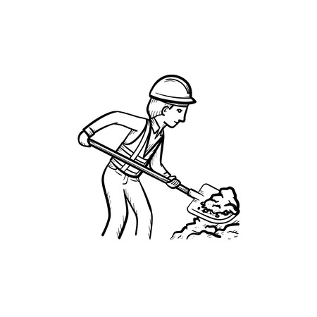 Builder working shovel hand drawn outline doodle icon. Man in hard hat building with shovel with shovel vector sketch illustration for print, web, mobile and infographics isolated on white background.のイラスト素材