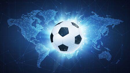 Soccer football ball flying in white particles on the background of blockchain technology network polygon world map. Sport competition concept for football tournament poster, placard, card or banner.の写真素材