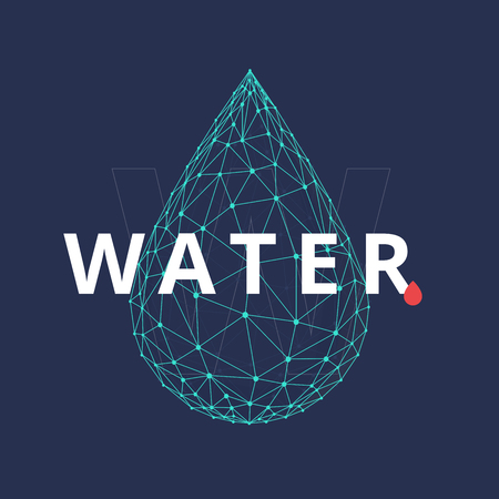 Water drop icon made with blockchain technology network polygon isolated on dark blue background. Connection structure of droplet or raindrop. Low poly design.のイラスト素材