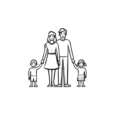 Family relationship hand drawn outline doodle icon. Vector sketch illustration of family - mother, father and children for print, web, mobile and infographics isolated on white background.のイラスト素材