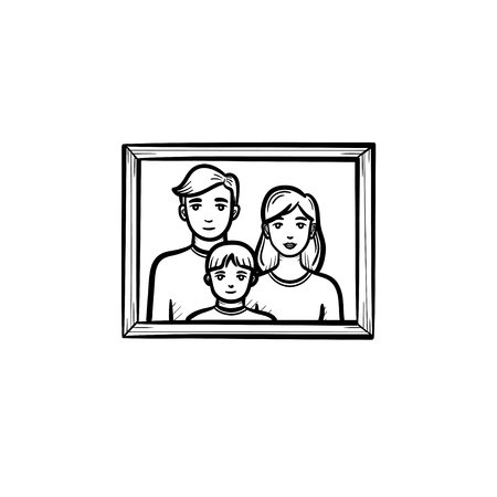 Family photo frame hand drawn outline doodle icon. Kid and parents on family photo vector sketch illustration.のイラスト素材