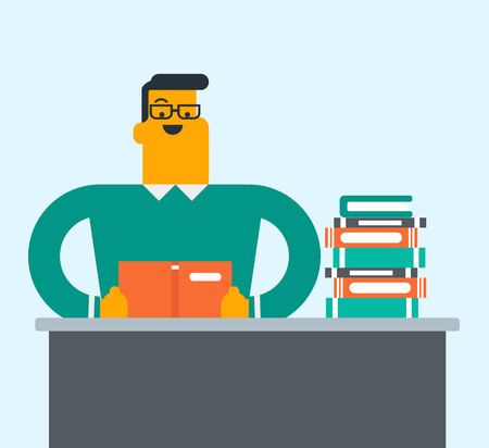 Young caucasian white student sitting at the table and holding a book in hands. Happy male student reading a book in the library and preparing for exam. Vector cartoon illustration. Square layout.のイラスト素材