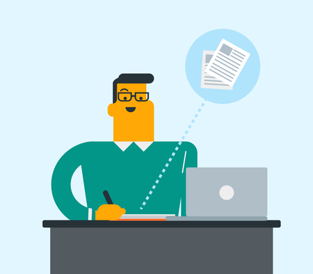 Caucasian student sitting at the table with a laptop and writing notes in notebook. Student using a laptop for education. Educational technology concept. Vector cartoon illustration. Square layout.のイラスト素材