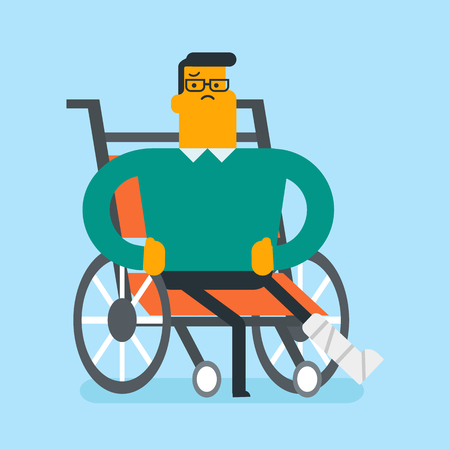 Young sad caucasian white man sitting in a wheelchair with broken leg in gypsum. Injured upset patient with fractured leg in gypsum suffering from pain. Vector cartoon illustration. Square layout.のイラスト素材