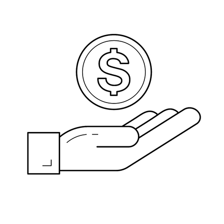 Money insurance vector line icon isolated on white background. Human hand with dollar coin line icon for infographic, website or app. Money insurance concept.のイラスト素材