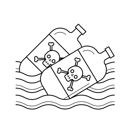 Sea pollution vector line icon isolated on white background. Bottles with danger sign floating in water line icon for infographic, website or app. Water and sea pollution concept.のイラスト素材