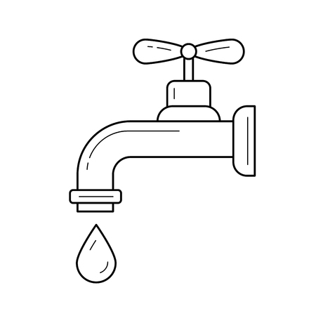 Water pipe with clean drop vector line icon isolated on white background. Water drop falling from the pipe line icon for infographic, website or app. Concept of careful attitude to resources.のイラスト素材