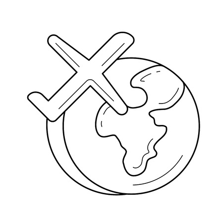 Airplane flying around the world vector line icon isolated on white background. Air pollution concept. Plane with globe line icon for infographic, website or app.のイラスト素材
