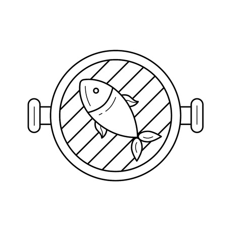 Fish grill line icon isolated on white background. Vector line icon of fish on a grill pan for infographic, website or app. Icon designed on a grid system.のイラスト素材