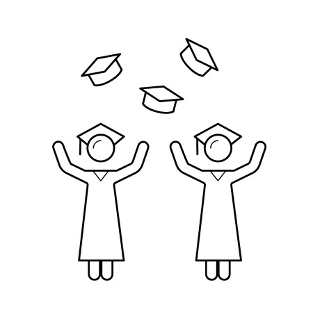 University graduates vector line icon isolated on white background. Graduates people throwing up graduation caps line icon for infographic, website or app.のイラスト素材