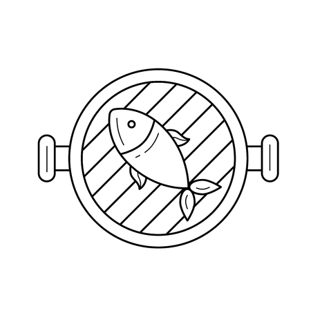 A fish on a grill pan, a hand-drawn vector linear icon isolated on white background.  for infographic, website or app. Icon designed on a grid system.のイラスト素材