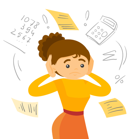 Unhappy caucasian white woman calculating home bills. Young sad woman accounting costs and mortgage for paying home bills. Vector cartoon illustration isolated on white background. Square layout.のイラスト素材