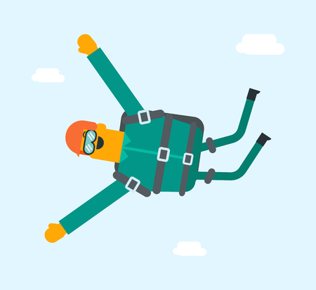 Caucasian white sportsman performing skydive. Young happy man paragliding on a parachute in the sky. Professional parachutists flying with a parachute. Vector cartoon illustration. Square layout.のイラスト素材