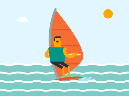 Caucasian white sportsman windsurfing in the sea in a summer day. Windsurfer training on the water. Man standing on the board with a sail for surfing. Vector cartoon illustration. Horizontal layout.のイラスト素材