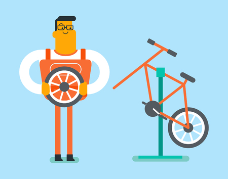 Caucasian white man working in the bike workshop and installing wheel. Technician fixing bike in the repair shop. Bicycle mechanic repairing a bicycle. Vector cartoon illustration. Horizontal layout.のイラスト素材