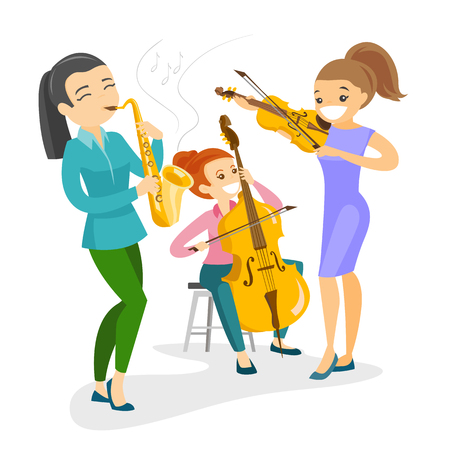 Band of female musicians playing the musical instruments.のイラスト素材