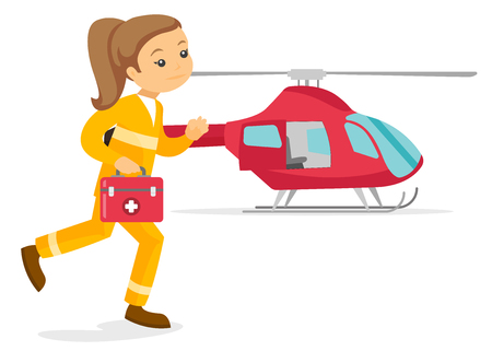 Caucasian white doctor of air ambulance running on the background of rescue helicopter. Young doctor of air ambulance carrying first aid box. Vector cartoon illustration isolated on white background.のイラスト素材