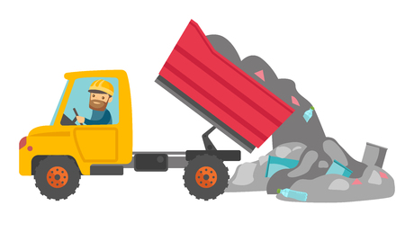 Caucasian white man driving a garbage truck and unloading waste on a rubbish dump. Worker dumping the rubbish on a landfill. Vector cartoon illustration isolated on white background. Horizontal layoutのイラスト素材