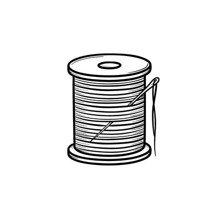 Thread spool with needle hand drawn outline doodle icon. Cotton thread and needle vector sketch illustration for print, web, mobile and infographics isolated on white background.のイラスト素材