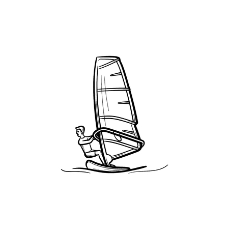 Wind surfing hand drawn outline doodle icon. Man standing on the board for wind surfing vector sketch illustration for print, web, mobile and infographics isolated on white background.のイラスト素材