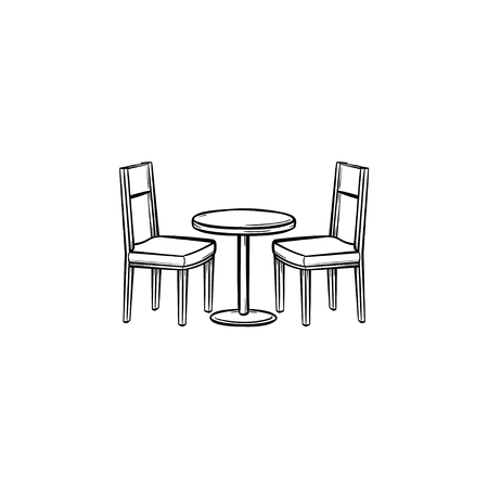 Restaurant furniture hand drawn outline doodle icon. Side view of restaurant furniture - table and chairs vector sketch illustration for print.のイラスト素材
