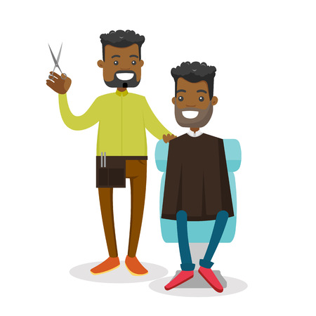 African-american barber cutting the hair of a man in the barber shop. Stylist with scissors standing in the hairdresser saloon. Vector cartoon illustration isolated on white background. Square layout.のイラスト素材