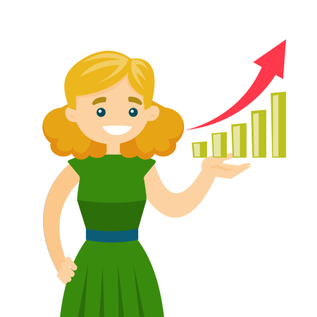 Caucasian white successful business woman pointing at chart going up. Young woman holding bar chart. Business success concept. Vector cartoon illustration isolated on white background. Square layout.のイラスト素材