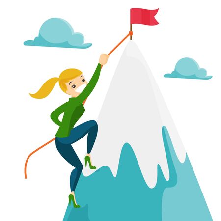 Caucasian white woman climbing on the peak of mountain with flag symbolizing business goal. Business goal, achievement and motivation concept. Vector cartoon illustration isolated on white background.のイラスト素材