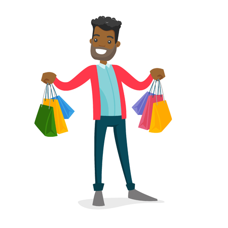 Happy african-american consumer carrying shopping bags. Young man holding a lot of shopping bags. Guy showing his purchases. Vector cartoon illustration isolated on white background. Square layout.のイラスト素材