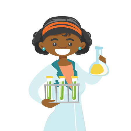 Young African-american laboratory assistant holding test tubes and beaker. Scientist analyzing samples in test tubes. Vector cartoon illustration isolated on white background.のイラスト素材