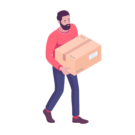 Young Caucasian white homeowner moving to a new house and carrying box. Delivery man walking with cardboard box vector cartoon isometric illustration isolated on white background, square layout.のイラスト素材