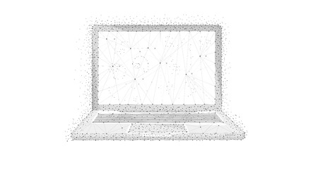 Polygon laptop with blockchain technology peer to peer network isolated on white background. Network, e-commerce, bitcoin and global cryptocurrency blockchain business banner concept. Low poly design.のイラスト素材